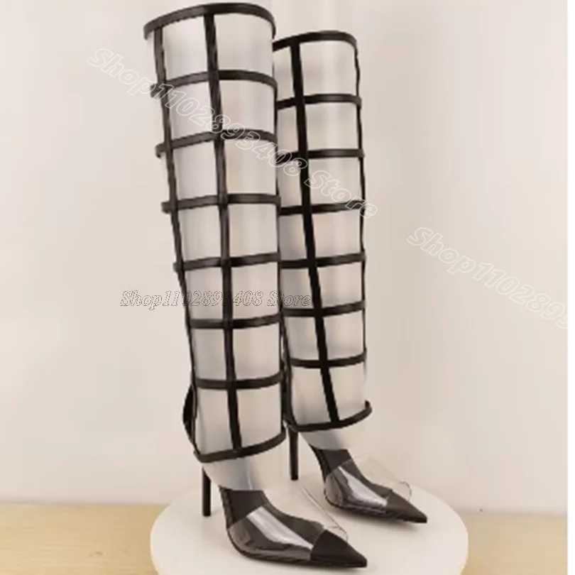 

Splicing Clear PVC Sandal Boots Open Toe Stiletto Back Zipper British Style Women Fashion Dress Party Boots Zapatos Para Mujere