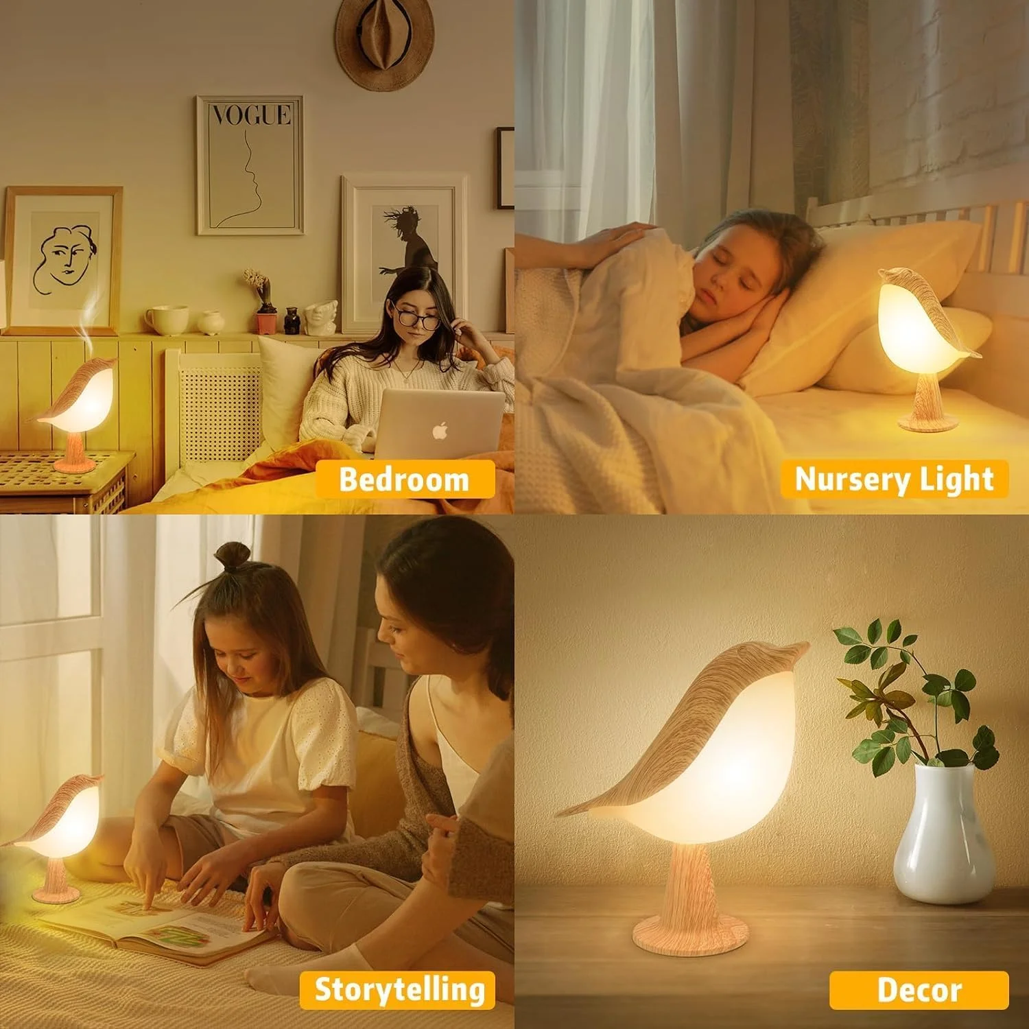 Small Desk Bird Lamp 3 Color Temperature Touch Sensor Cordless Night Light with Rechargeable Battery for Bedroom Bedside