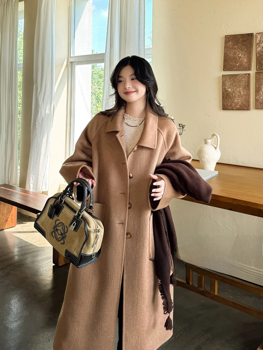 

Luxury Handmade Double-Faced Woolen Coat Anforest Vintage Sle Long Sve Mid-Length Women's Outerwear Thiened Autumn Coat