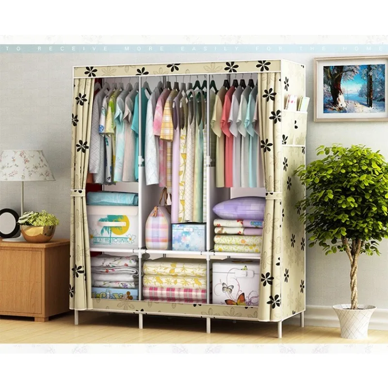 Armario de tela moderno y sencillo con estructura de tubos de acero, para colgar ropa individual o doble, ideal para dormitorio.