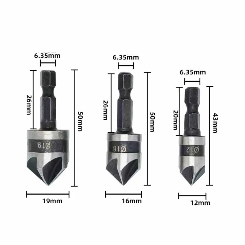 3Pcs/Set Woodworking Chamfer Counter Sink Chamfering Debur Countersink 90 Degree 1/4 Hex Shank Drill Bit 5 Flute 12mm 16mm 19mm