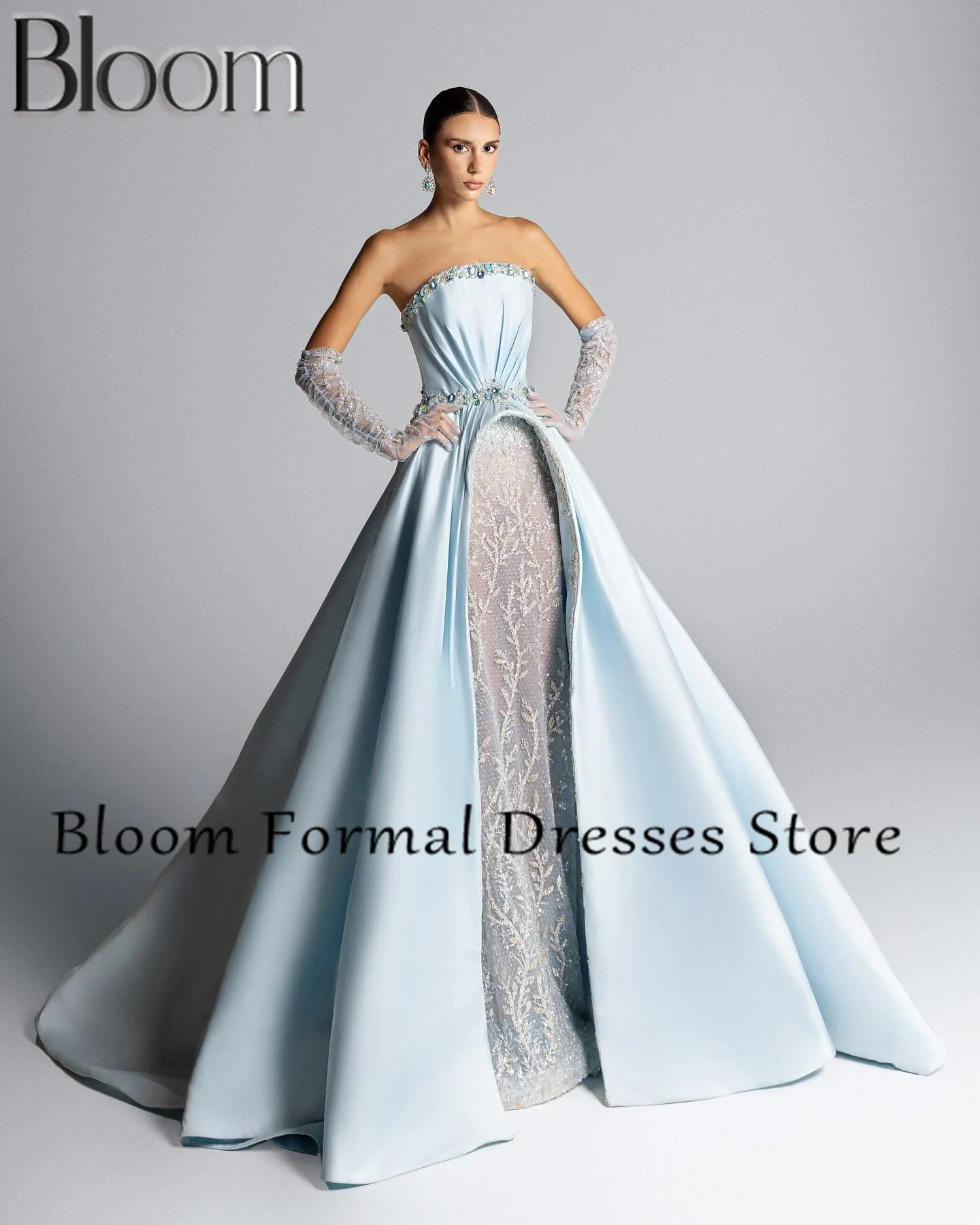 

Bloom Detachable Sleeve A-Line Crystal Appliques Sequined Floor Length Zipper Back Elegant Luxury Evening Dress Empire Boat Neck