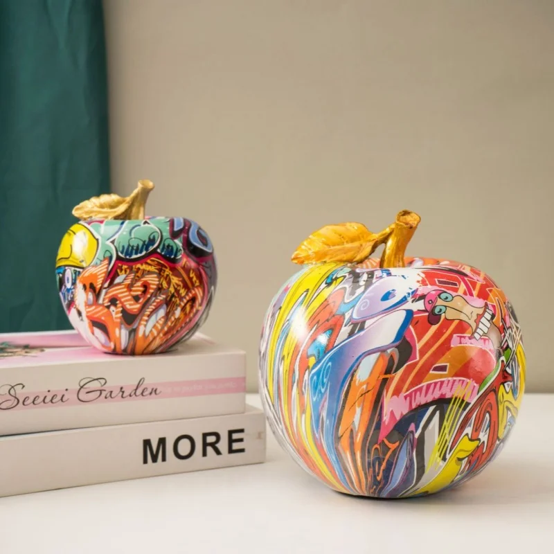 Aesthetic Graffiti Apple Sculpture Pop Art Resin Figurine Painted Fruit Statue Office Desktop Ornaments Living Room Decoration