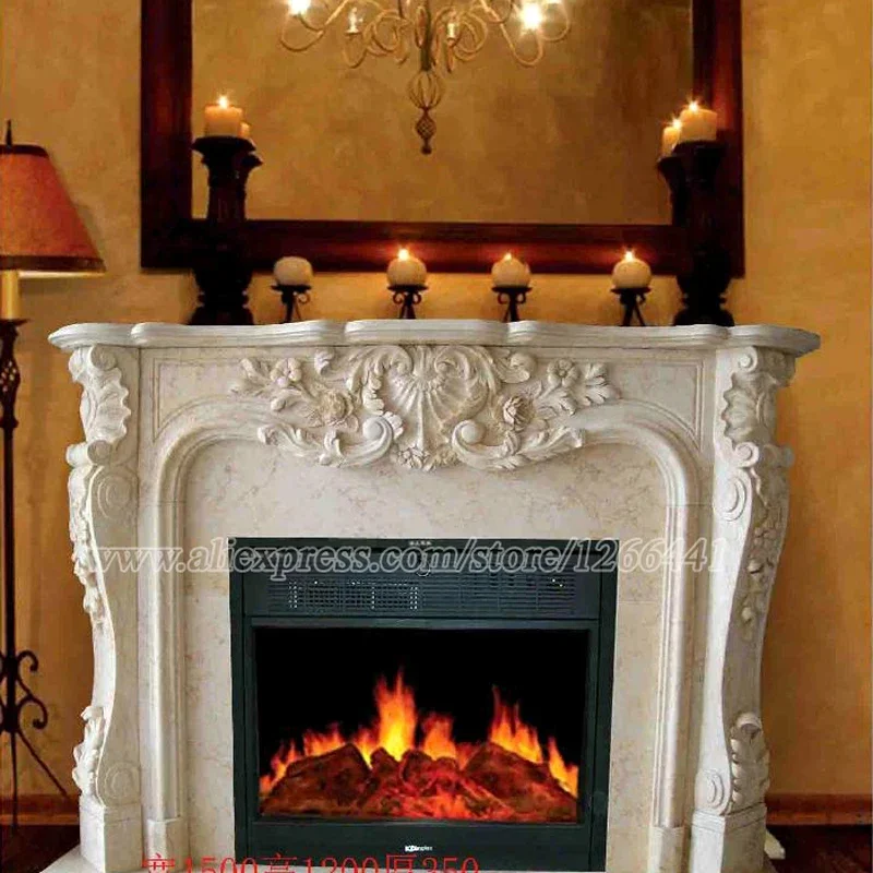 

Decorative Fireplace Set European Style Custom Made Carved Natural Stone Mantel Electric Fireplace Insert LED Optical Flame