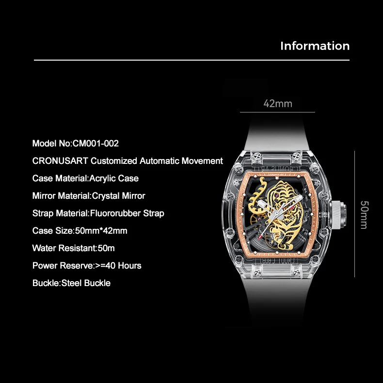 CRONUSART الرجال ساعة أوتوماتيكية فاخرة 50 مللي متر تونيو ساعة اليد الميكانيكية الاكريليك حالة مضيئة الهيكل العظمي النمر الهاتفي
