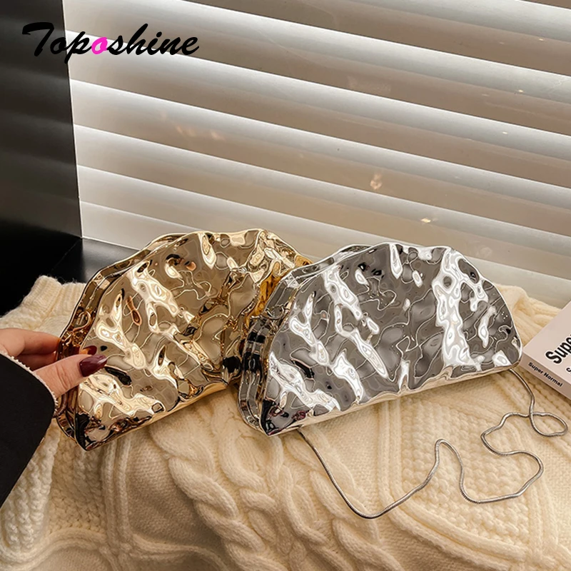 Toposhine Hammered Water Ripple Evening Clutch Avant-Garde Metallic Half Moon Crossbody Bag Chain Luxury Statement Women's Purse