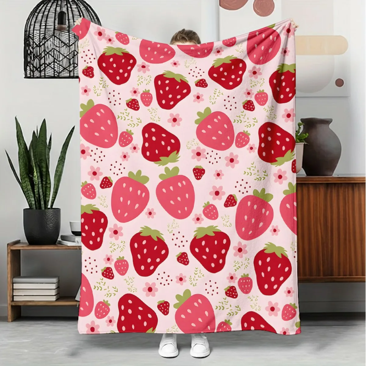 Oversized Glossy Strawberry Throw Blanket for Living Room Sofa Daily Use Birthday Anniversary Summer Family Gathering Present