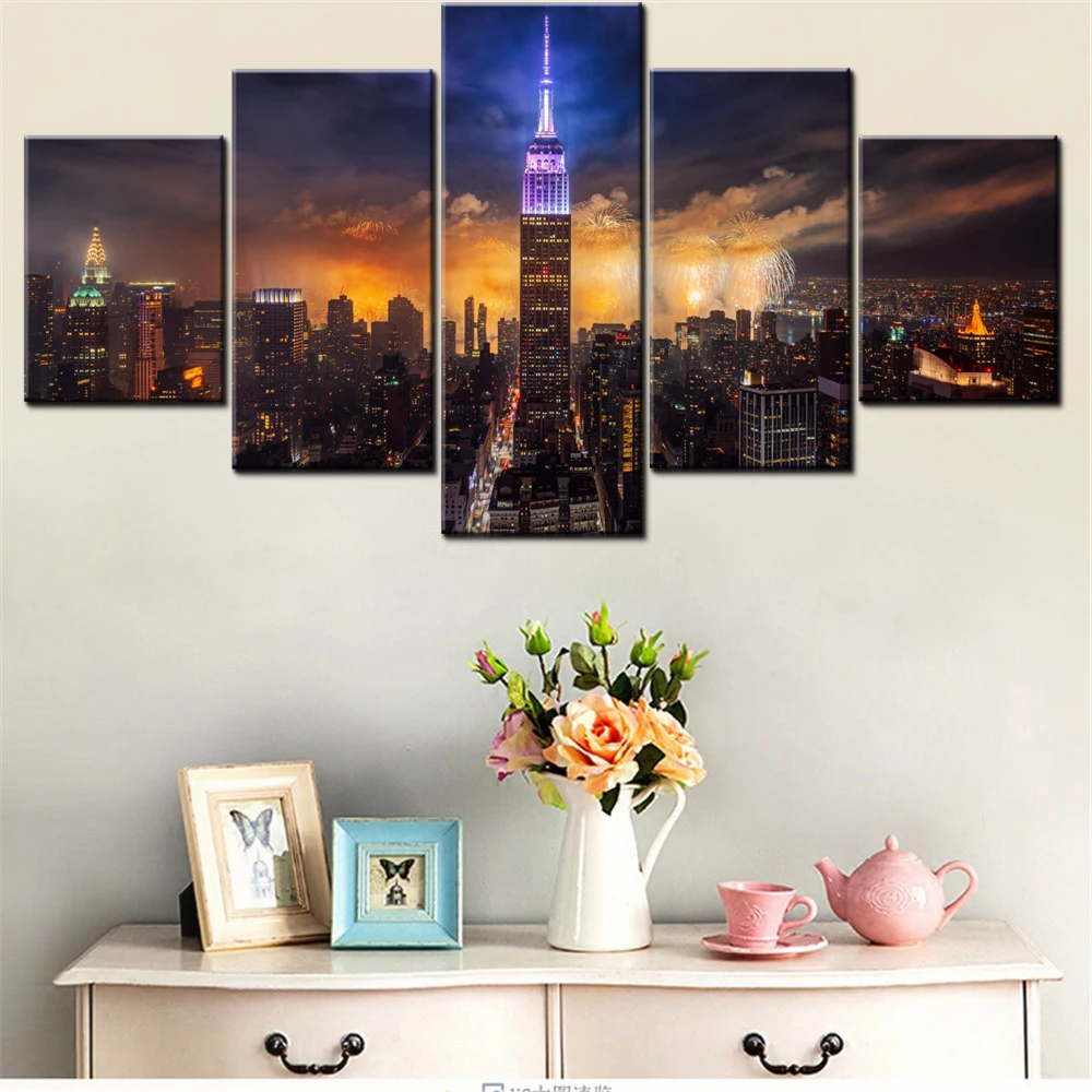5 Pieces Canvas Wall Arts Landscape Poster Painting World Empire State Building Wallpaper Home Decor Picture Printing Artwork