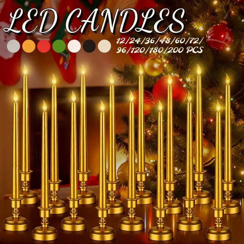 Velas cónicas LED artificiales de 200-12 Uds., vela parpadeante sin llama para boda, alimentada por batería para decoración de fiesta de Navidad y Halloween