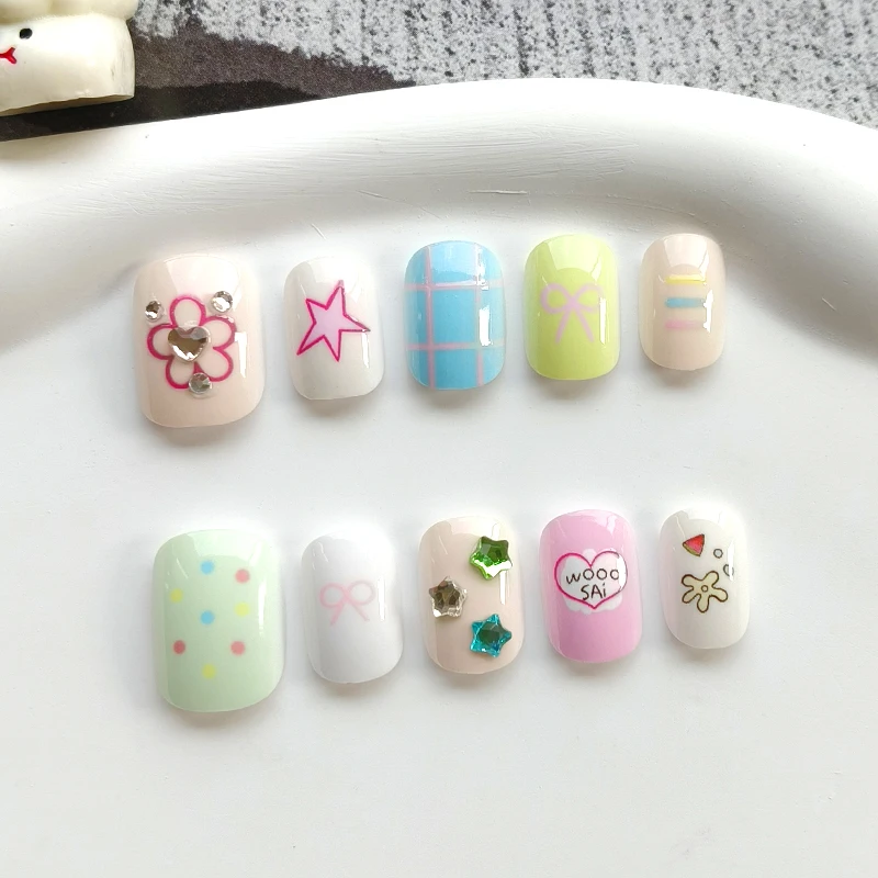 10Pcs Summer Colorful Dopamine-inspired Small Fresh Press on Nails Detachable Nail Patches Polka Dot Cat Eyes Fake Nails Art