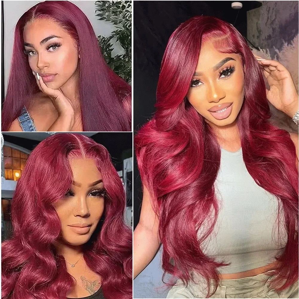 99J Wig Rambut Manusia Renda Depan 13X6 Gelombang Tubuh 200 Kepadatan Telah Dipetik Berwarna Merah Marun 13X4 Hd Wig Renda Depan untuk Wanita