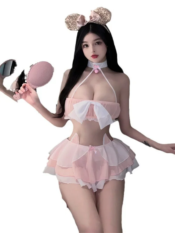 فستان وردي حلو صغير جميل برقبة رسن على شكل فراشة زي خادمة مثير على شكل قطة فتاة طالب فستان أنيق موضة كورية للنساء 1CHI
