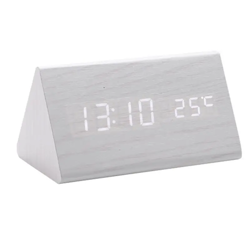 Digital Clock Wooden Sound Control LED Alarm Clock With Temperature USB Desktop Clocks Snooze-AT36