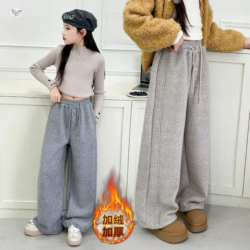 

Зимние повседневные брюки на флисовой подкладке для девочек, спортивные длинные брюки с боковым швом, удобная зимняя мода, зимние длинные брюки