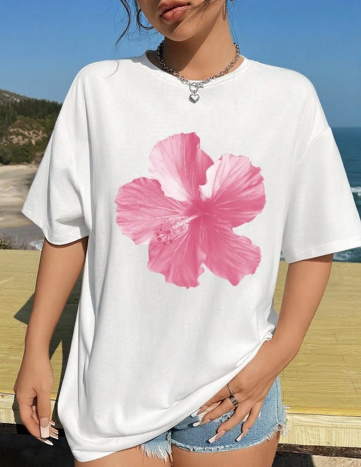 Kaus motif ceri kasual untuk wanita, T-Shirt kerah bulat, atasan motif bunga grafis lengan pendek, pakaian jalanan kasual wanita