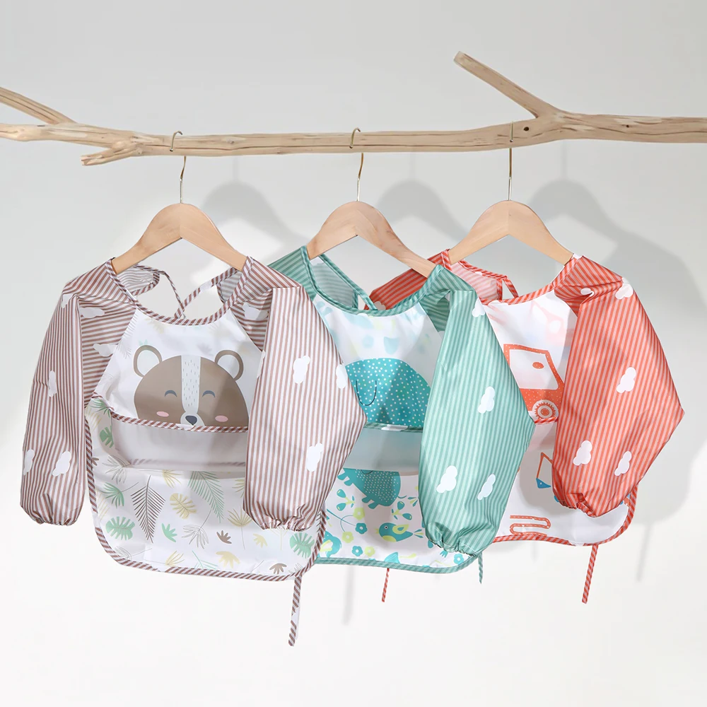 

1pcs Baby Bibs Cute Colorful Cartoon Waterproof Bib Infant Eating Children Drawing Long Sleeve Pocket Apron Self Feeding Bab
