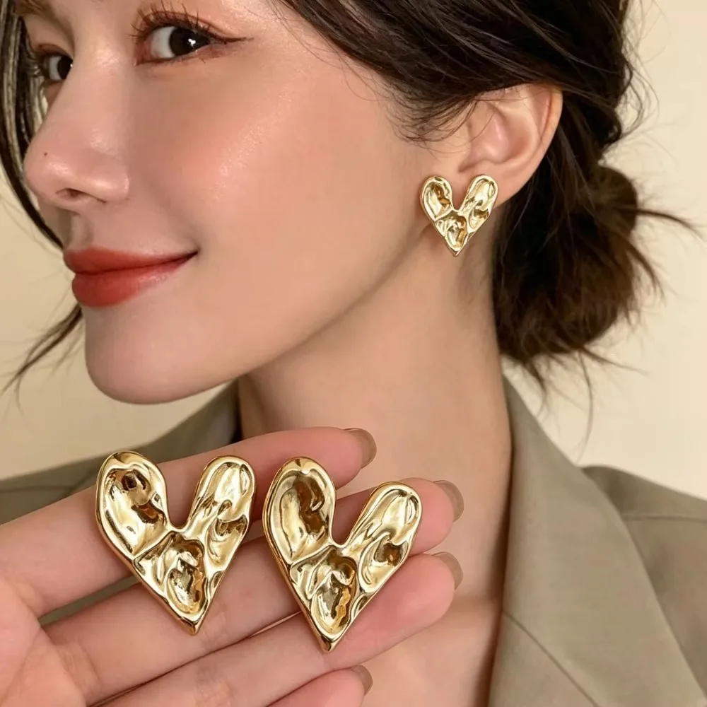 Korean Concave Convex Uneven Gold Heart No Piercing Clip On Earrings, Unique Women Ear Jewelry for Party Daily Holiday Gifts