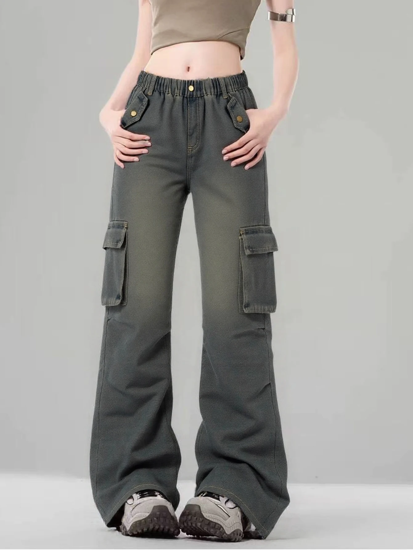 

Women's Cargo Pocket Vintage Washed Denim Pants - High Waist Wide Leg Straight Jeans for Girls, Casual Loose Trousers Slimming V