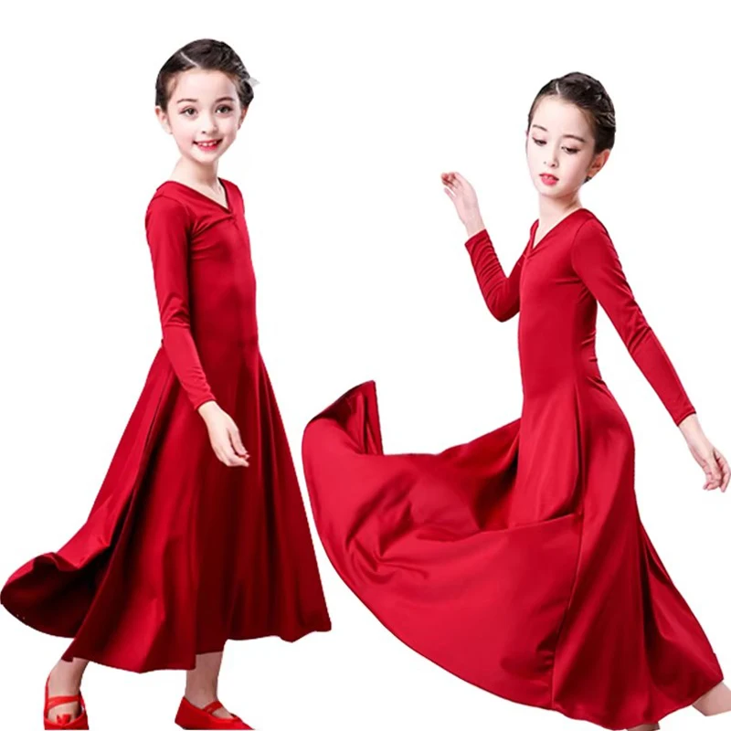 Red Children Spirit Modern Ballet Dance Dress long Sleeve Party show Costumes Girl Ballet dance Skirt