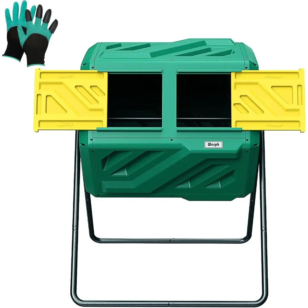 

43 Gallon Dual Chamber Tumbler Compost Bin with Gloves for Easy Outdoor Garden Waste Management