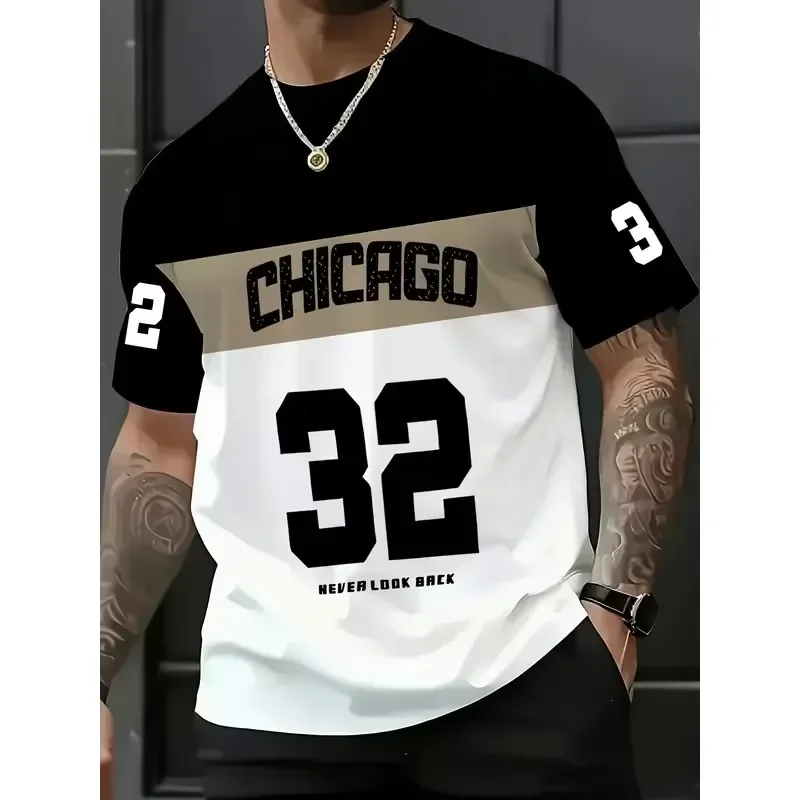 2026 Men Casual Crew Neck T Shirt Chicago Word Design 32 Number Pattern Polyester Knit Micro Elastic Soft Breathable Outdoor