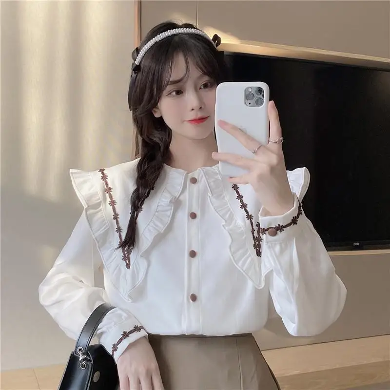 

Spring New Women Shirts Peter Pan Collar Embroidery Long-sleeve Office Lady Retro Blouses French Style Daily Basics Tops Female