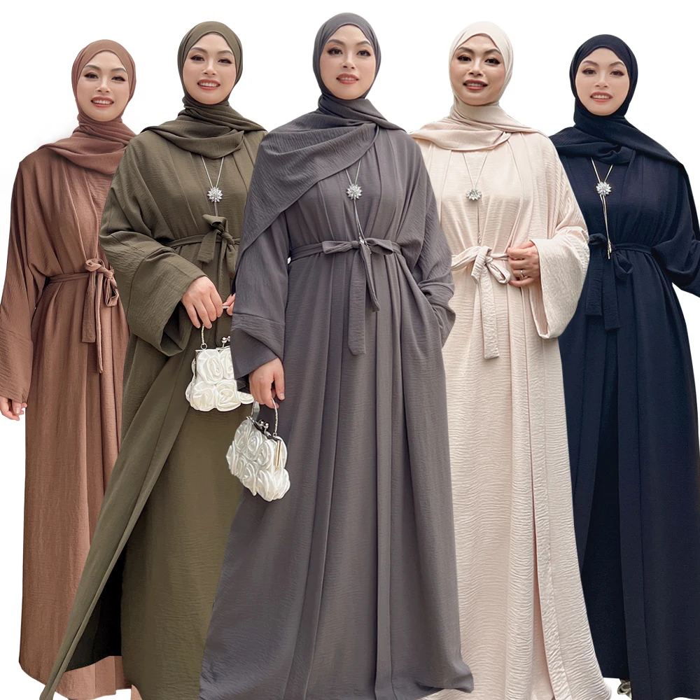 Kimono wanita Muslim 2 potong, gaun tanpa lengan dalam Kaftan Dubai Turki terbuka Kimono wanita