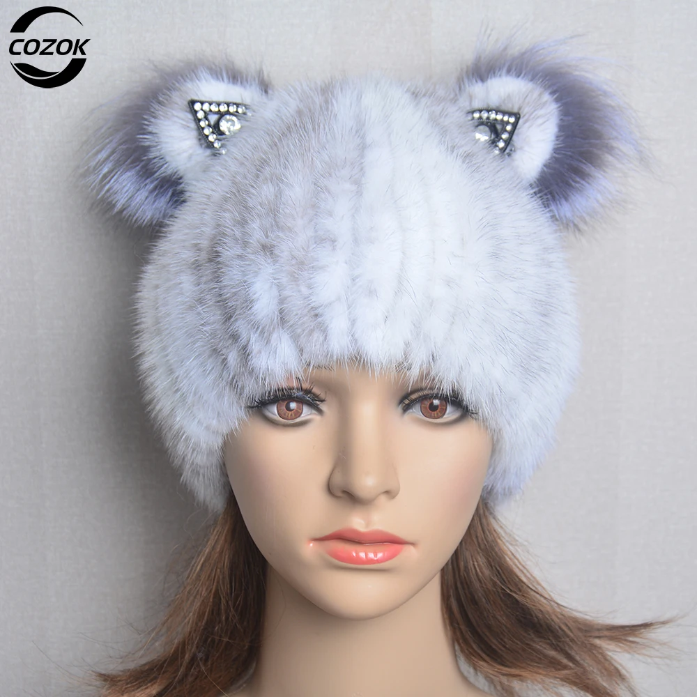 

Winter Mink fur Cute cat ears Square cap With Sequins Warm Winter For Women Real Natural Mink Fur Vertical Weaving Winter Hat