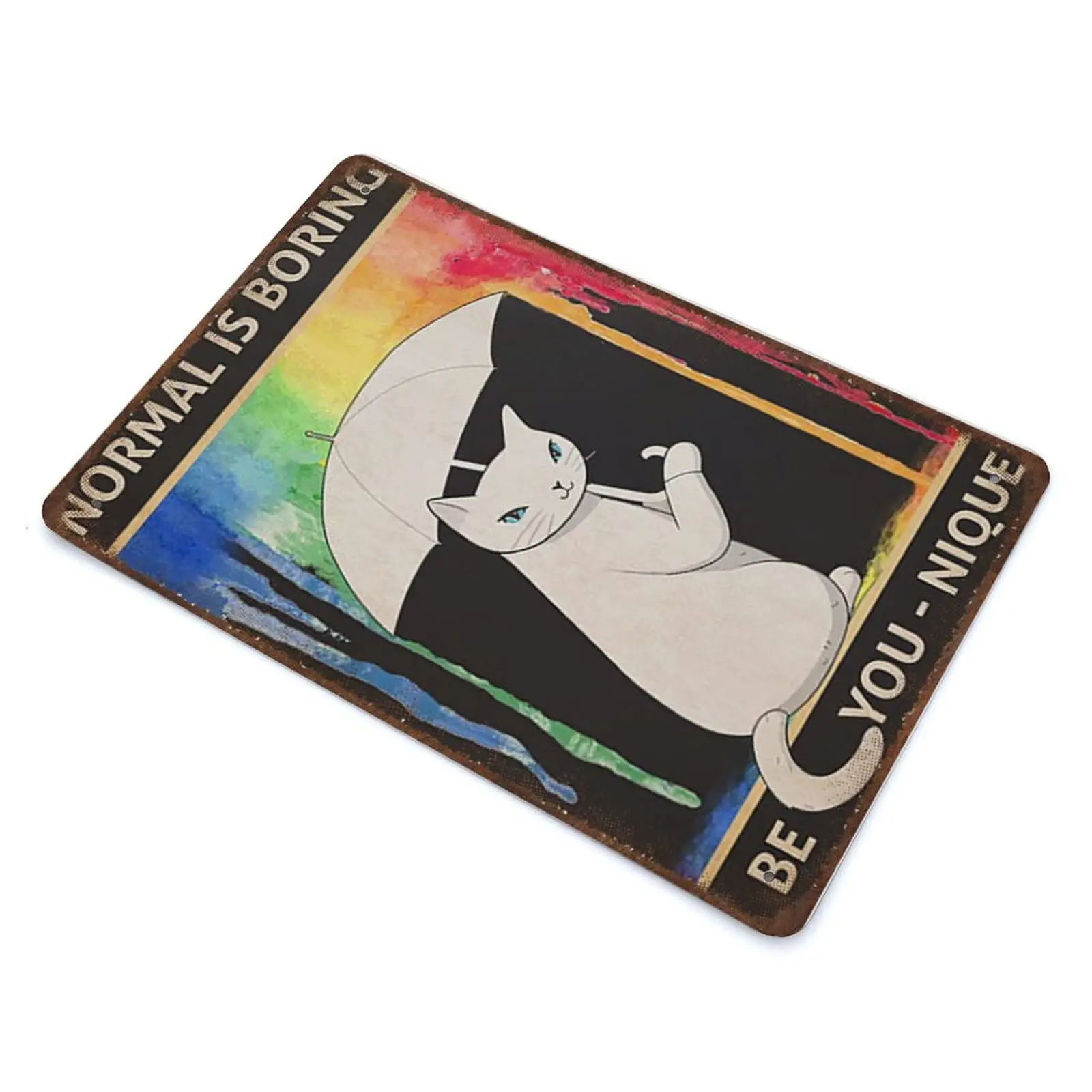 Vintage Metal Tin Sign Plaque,Rainbow Rain White Cat Be You Uique Tin Sign,Man cave Pub Club Cafe Home Decor Plate，Birthday Anni