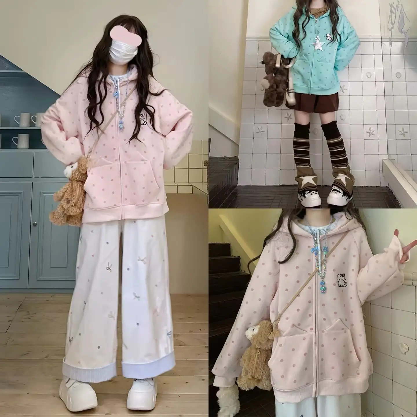 Coquette Kawaii Harajuku Women Vintage Wash Polka Dot Cat Ear Oversized Zip Up Hoodie Kitty Print Casual Daily Street Outfit