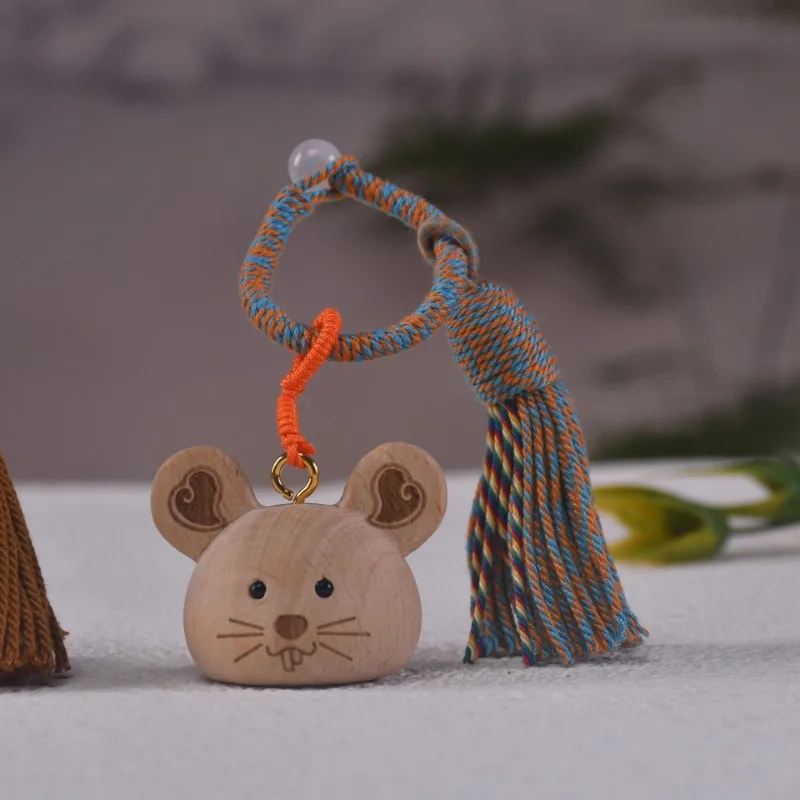 Creative Beech Wood Hand Carved Keychain, Cartoon Cute Rabbit and Mouse with Fu Character, Phone & Bag Charm Pendant, Ideal Gift