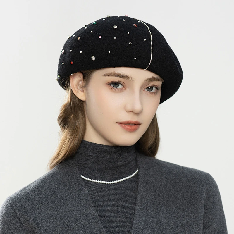 

Women's 100% Wool Beret Casual Elegant Warm Hat with Rhinestone Decor Comfortable Breathable Autumn Winter Fashion Accessory