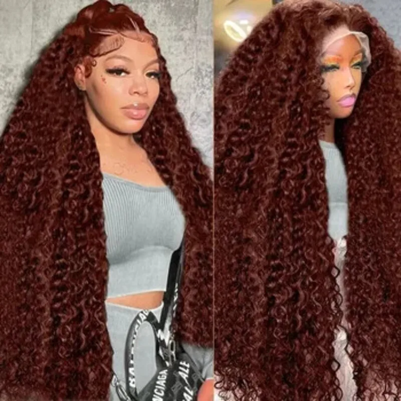 32 34Inch Reddish Brown Deep Curly Pre Cut Human Hair Wigs 13x4 13x6 Deep Wave Lace Frontal Wig HD Fall Color Wigs For Women