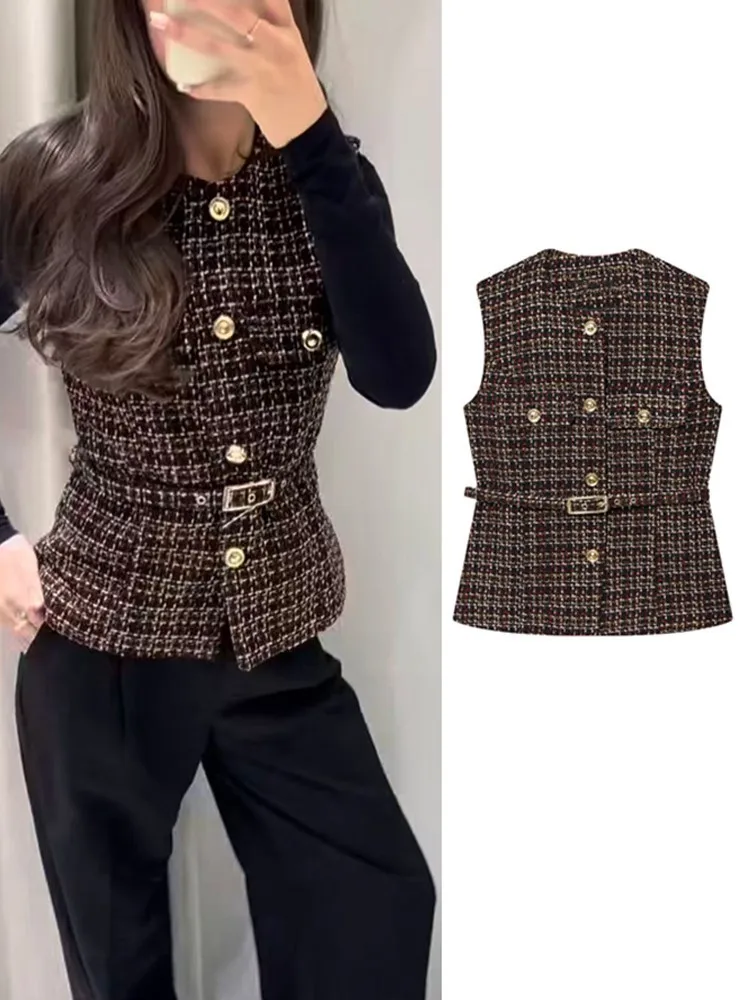 

Elegant Texture Vest Coat Women Casual Slim With Belt Office Lady Pockets Vests Tops 2025 New Autumn O-Neck Sleeveless Waistcoat