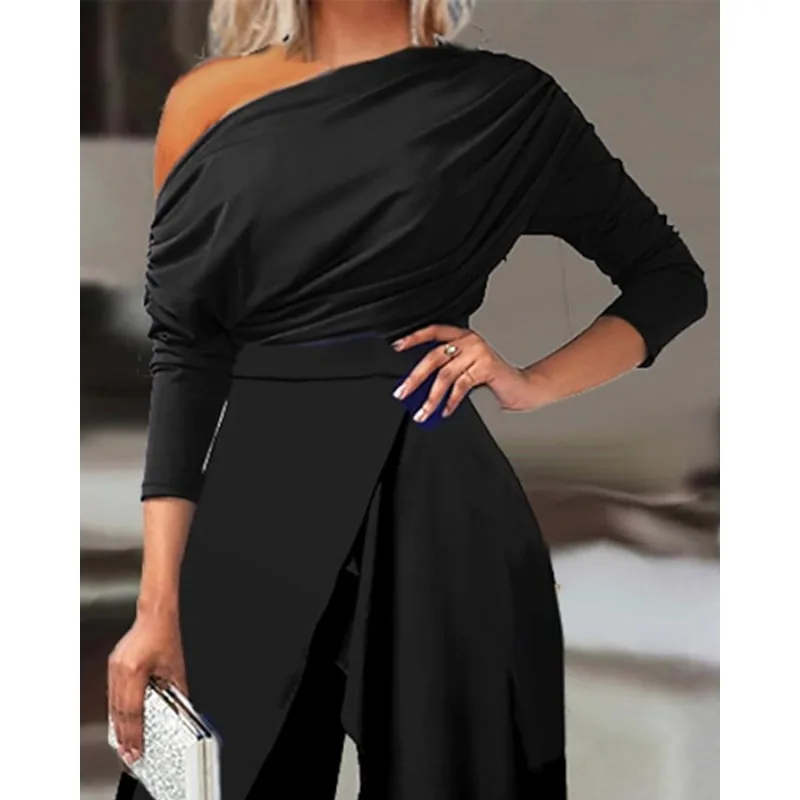 Sexy Women Corset Jumpsuit Overalls Elegant Fashion Long Sleeve One Shoulder High Waist Slit Wide Leg Pants Romper Clubwear