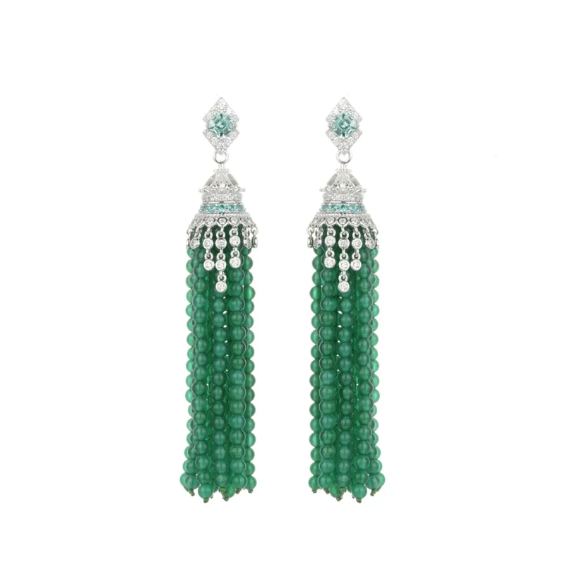 Bellux 925 Silver Synthetic Zircon Earrings Round Green Beads Jade Marrow Full Diamond Luxury Long Tassel Boho Ethnic Style