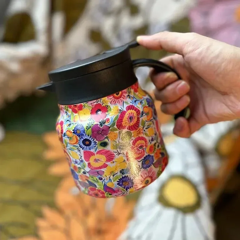 800ml Coffee Pot with Tea Infuser 316 Stainless Steel Thermal Carafe with Floral Painting Keep Warm Function Tea Pots Coffee Cup