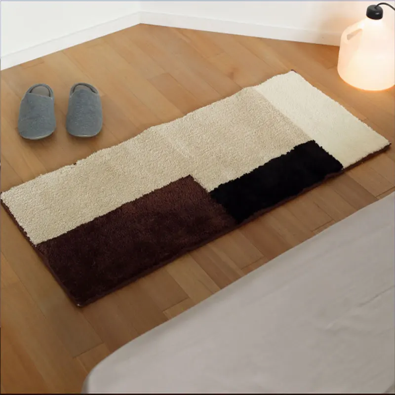 

Plaid Stripe Long Carpet Soft Plush Cashmere Bedside Blanket Rug Tufted Anti-Slip Plush Floor Mat Entrance Bedroom Table Mat