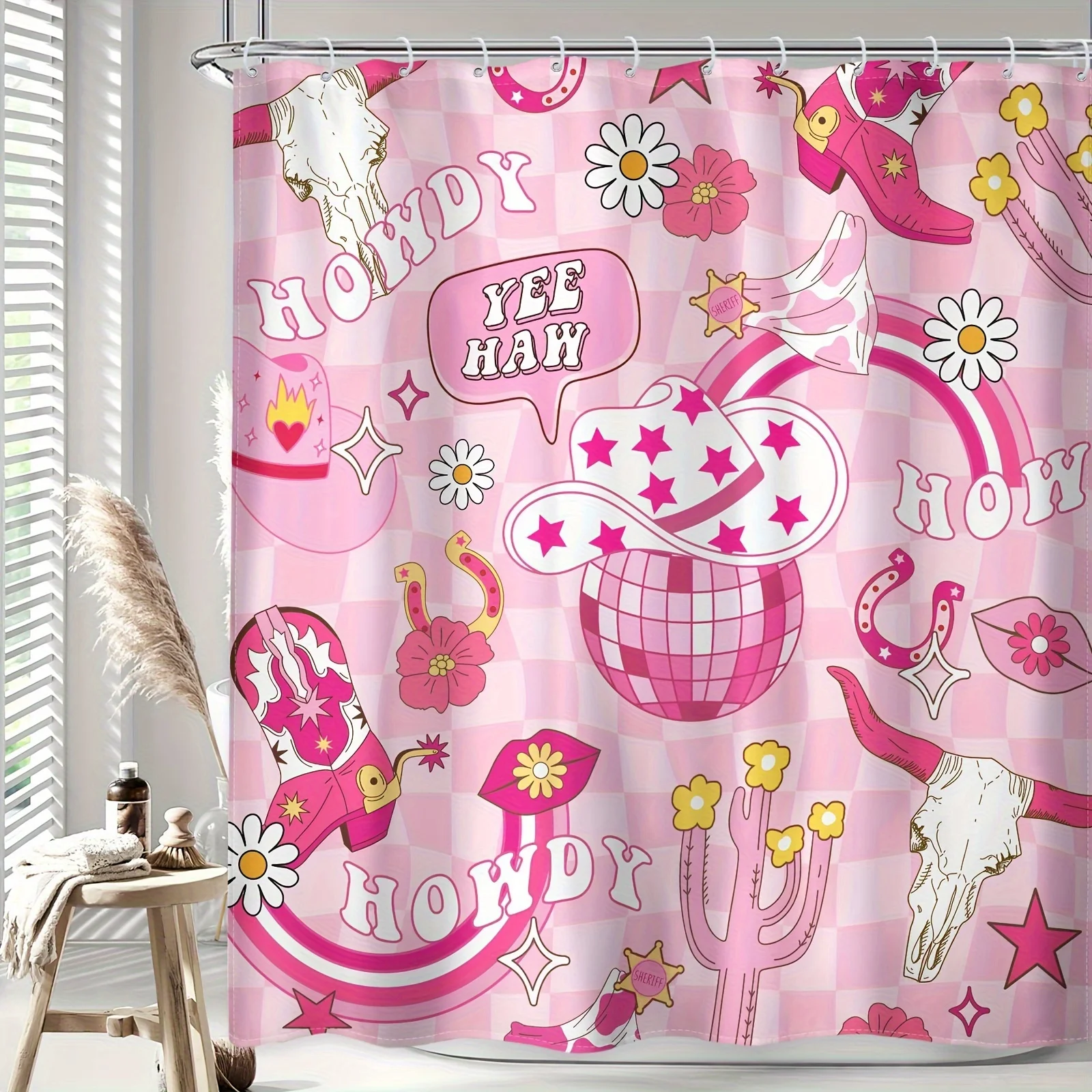 Pink Western Cowgirl Shower Curtain, Disco Ball Cactus Yeehaw Pattern Waterproof Bath Curtain, Cute Girls Room Decor