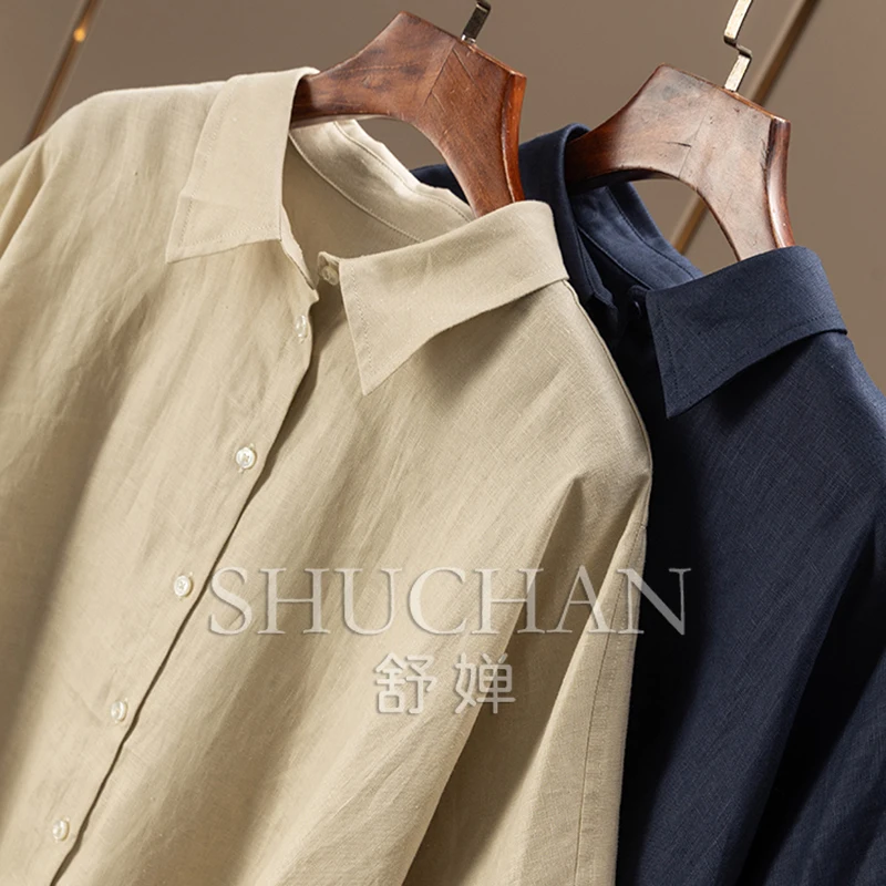 قميص نسائي عالي الجودة 100 كتان مخطط كبير بندول قوس سبعة كم قميص نسائي 49C0 Blusas Mujer De Moda 2025