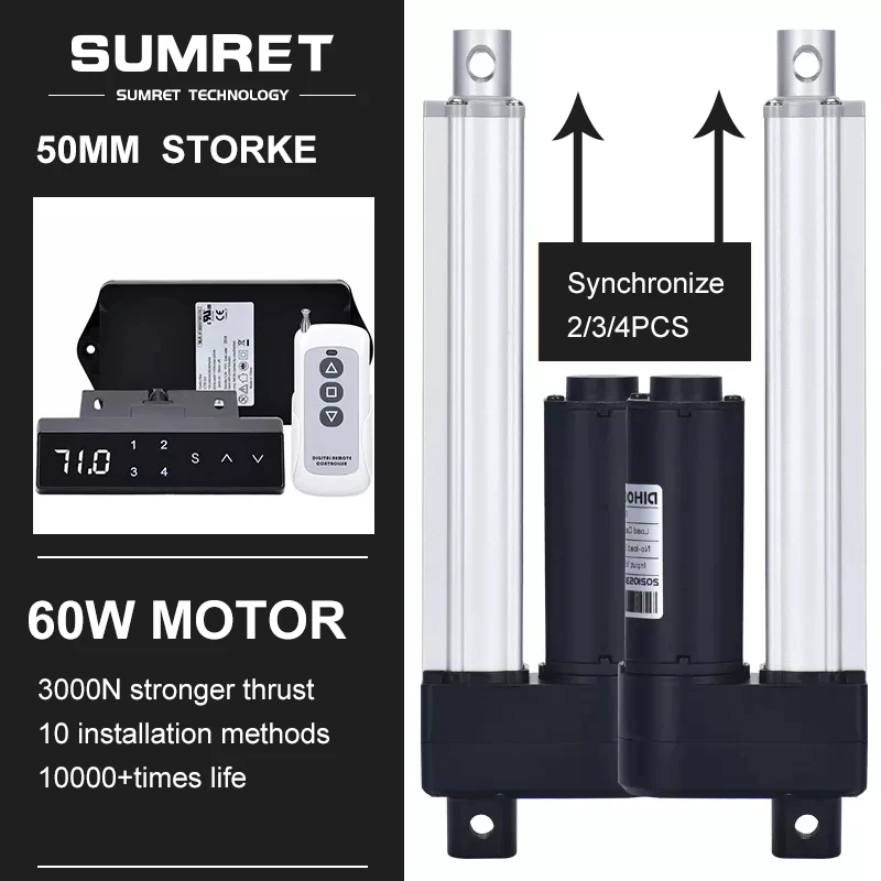 

0-50MM Stroke Linear Actuator With Hall Controller Kit 1/2/3/4 Motor Synchronous Control DC 12V 24V 3000N 1500N 1000N 800N 300KG