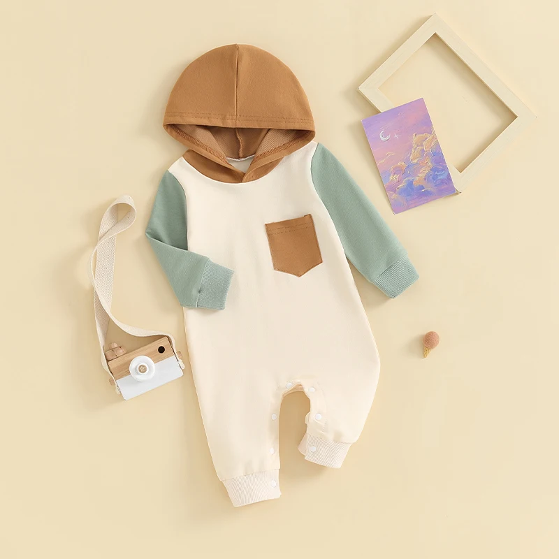 

Infant Baby Boy Casual Hooded Sweatshirt Romper Long Sleeve Patchwork Jumpsuit Fall Winter Clothes