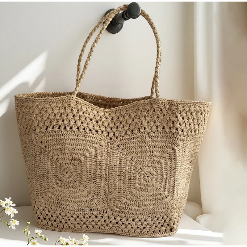 

Bohemian Hollow Flower Straw Woven Crossbody Bag Summer Beach Vacation Handbag Crochet Knit Shoulder Purse Retro Handmade Rattan