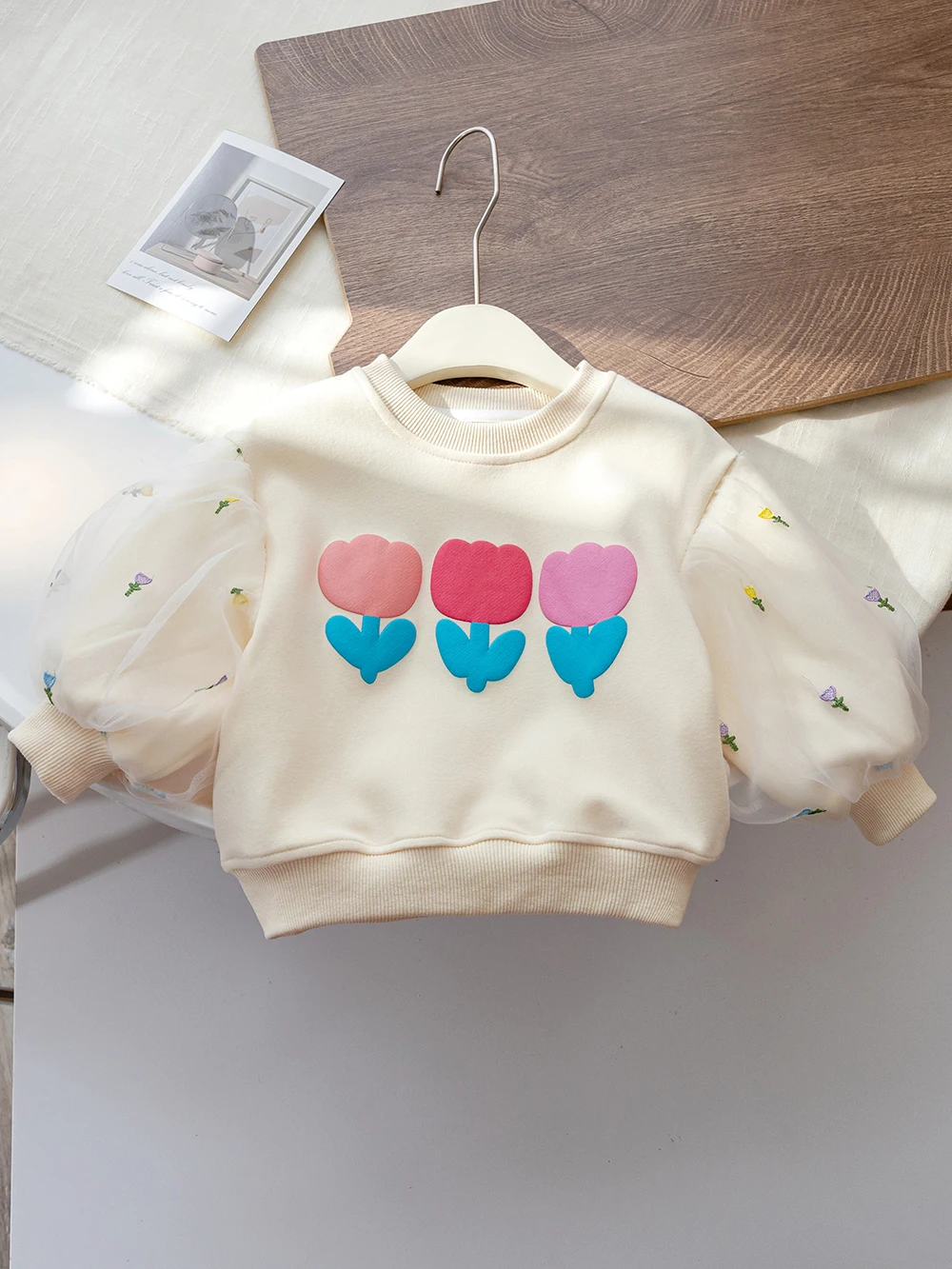 Kids Girls Flower Print Sweatshirts Chic Embroidery Floral Tulle Patchwork Hoodie Korean Style Children Casual Pullover Tops