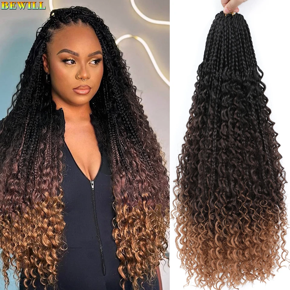 Extensiones de cabello de trenzas en caja (Box Braids) bohème diosa de 24 pulgadas de longitud, con puntas rizadas, hechas de fibra sintética. Colores 1B, 4, 30 y 27. Trencas de crochet ideales para mujeres negras