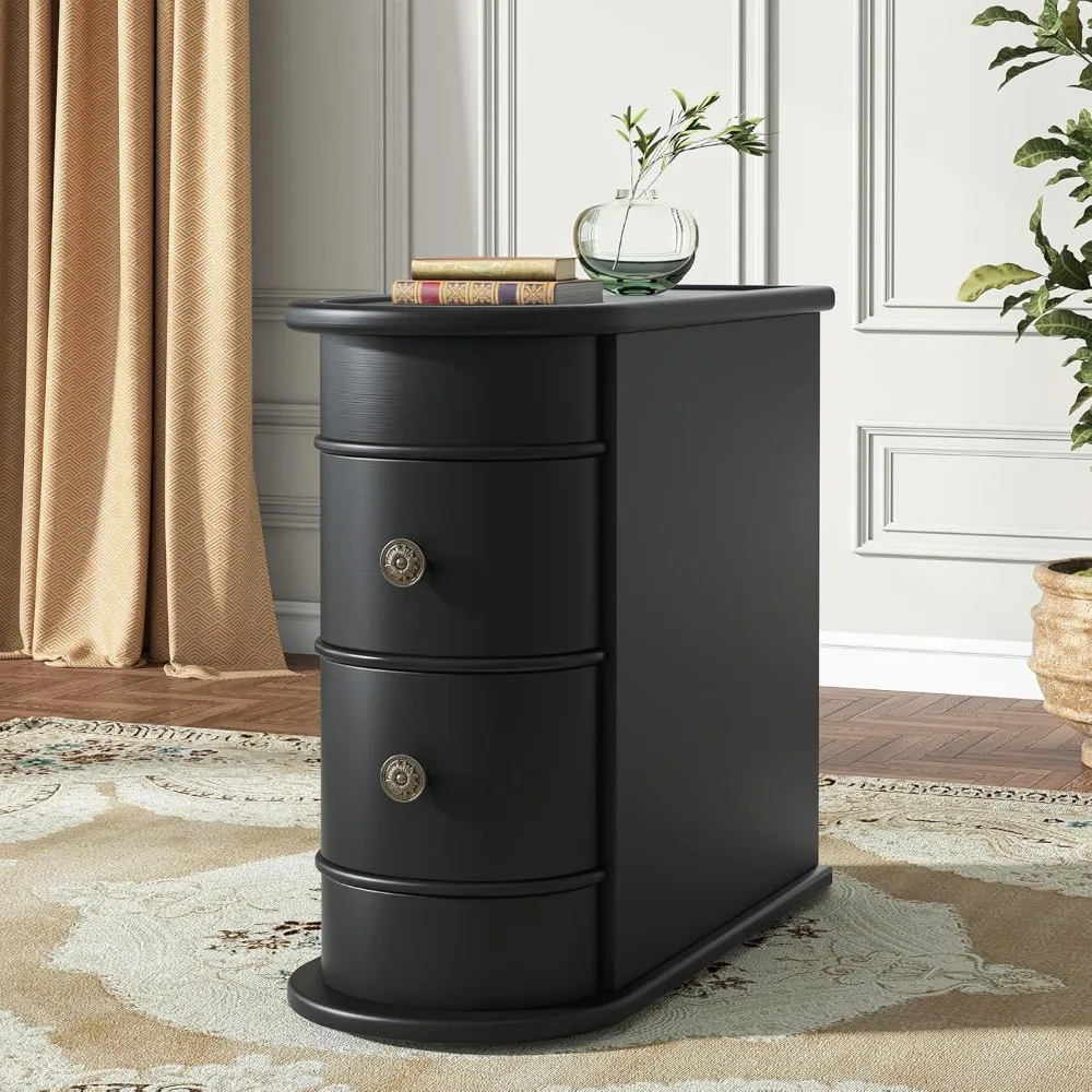 Slim Solid Wood 2-Drawer Side Table with Chair Space, No Assembly Needed, Black Finish
