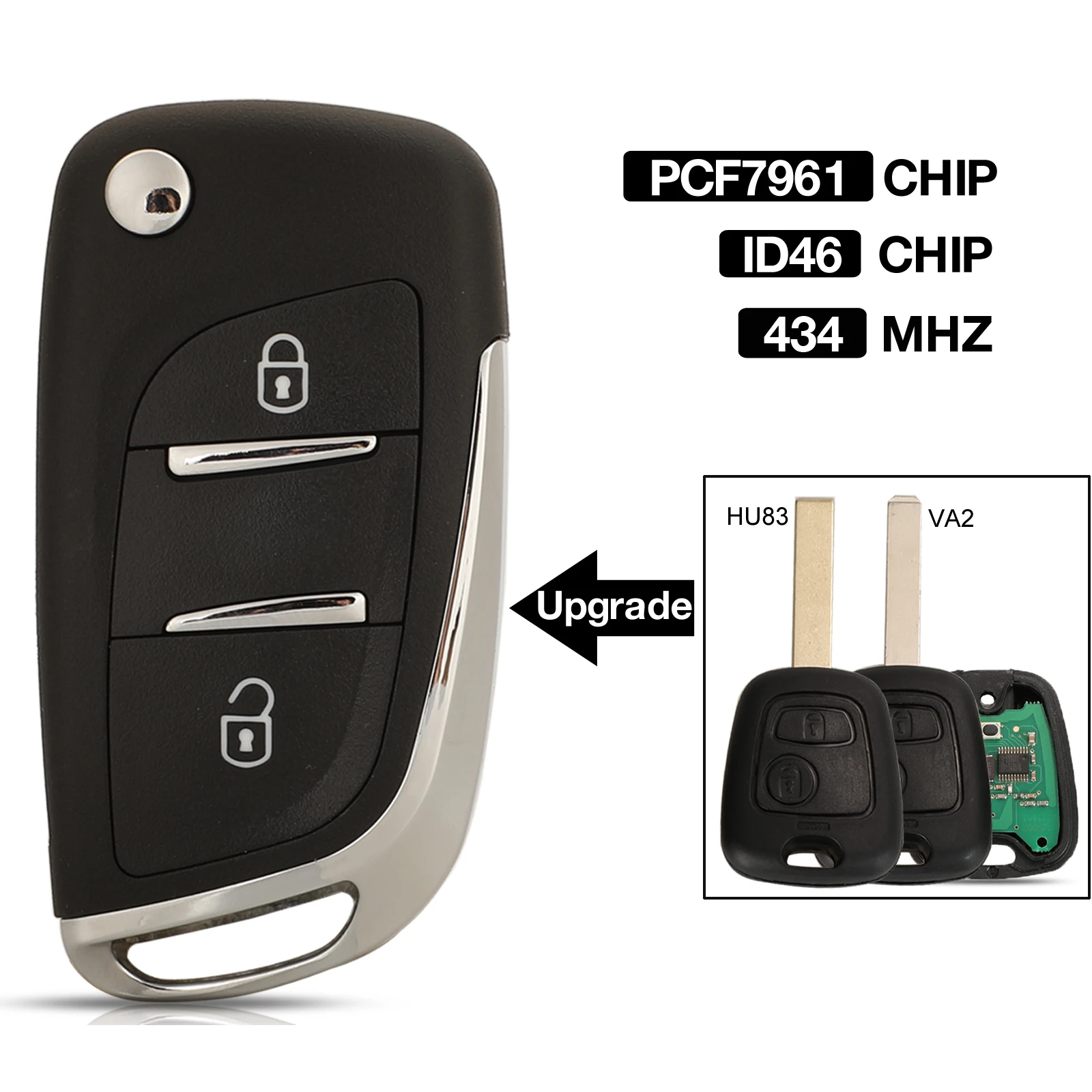 

jingyuqin 2BTN CE0536 ID46 PCF7961 Chip 434 MHZ Smart Remote Control Car Key Fob For Citroen C3 For Peugeot HU83/HCA/VA2 Blade