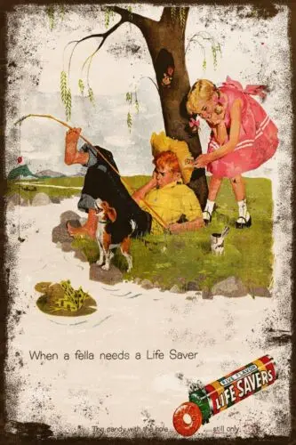 Vintage Lifesavers Sweets Fishing Advert, New Metal Sign Plaque, Aged Style