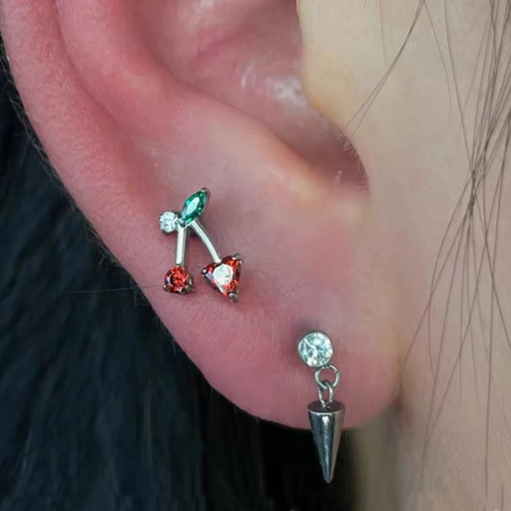 5/2/1PCS G23 Solid Titanium Creative Cherry Fruit Marquise Zirconia Labret 16G Internal Thread Lip Cartilage Helix Lobe Earring