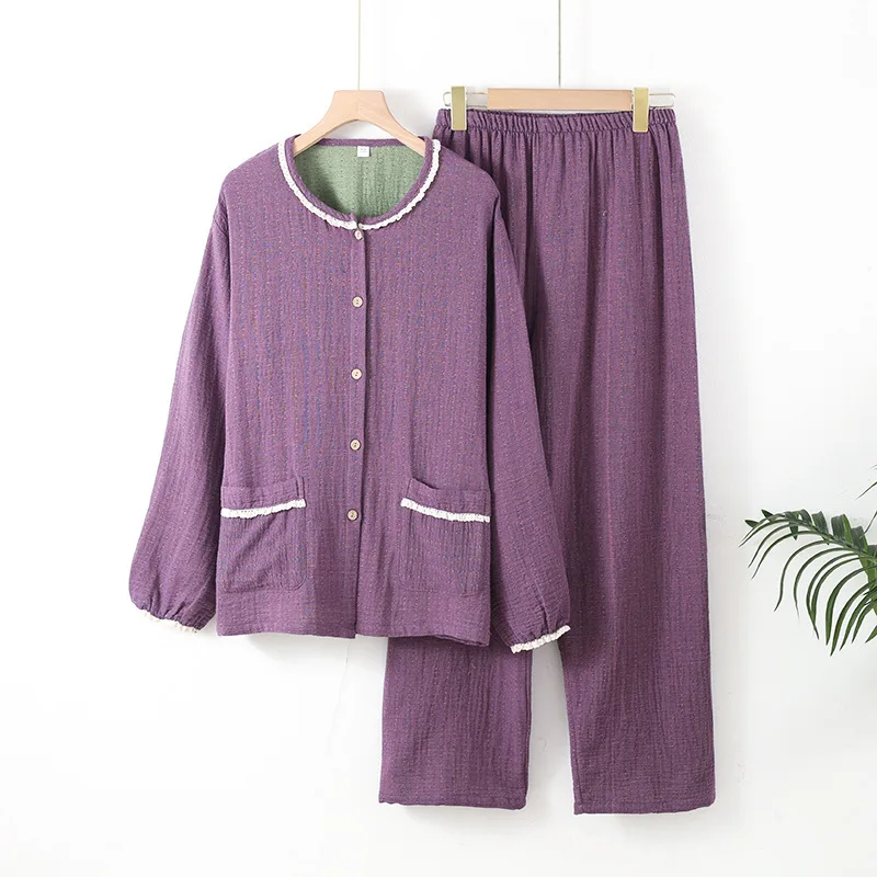 

Весенне-осенний женский пижамный комплект с круглым вырезом, хлопковая креповая рубашка с длинными рукавами, брюки, удобный комплект домашней одежды из двух предметов